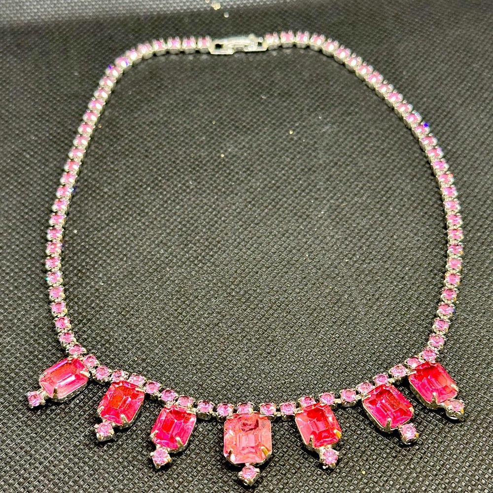 Vintage Elegant Pink Rhinestone Tennis Choker Necklace 15”
